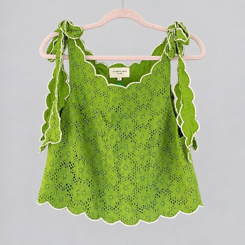 Elizabeth James Eyelet Cotton Crop Top Green Womens S Cottagecore Coastal Preppy